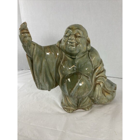 Happy Buddha Pointing Right Green Rare Hotei Smiling Wealth Prosperity Vintage - Picture 7 of 12